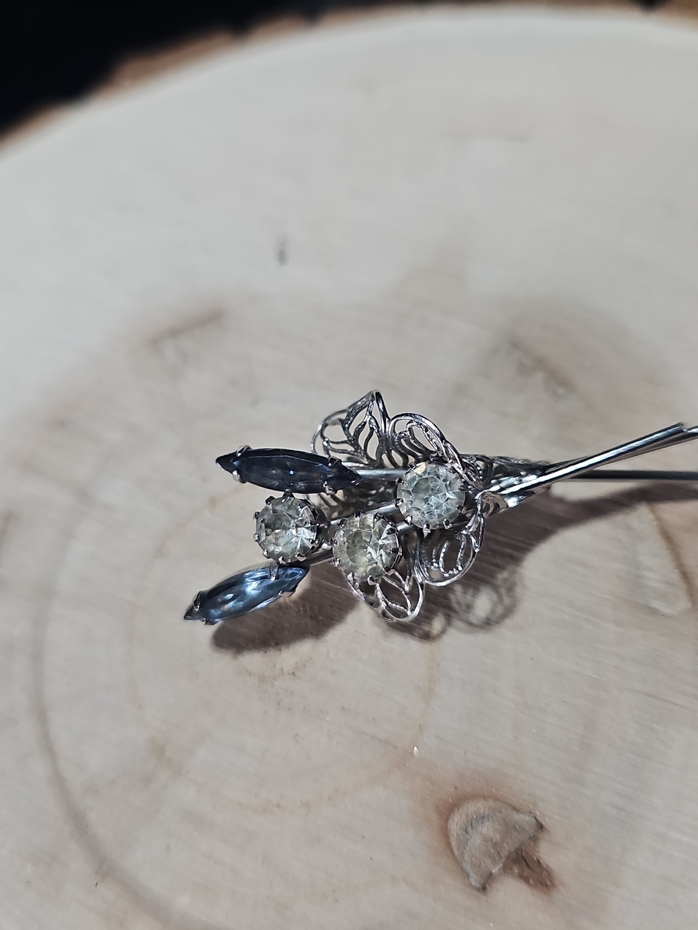 Silver Floral Stick Pin with Blue and Clear Stones
